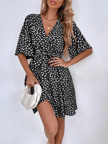 Women's Dresses V-Neck Print Belted Short Sleeve Dress - Mini Dresses - Instastyled | Online Fashion Free Shipping Clothing, Dresses, Tops, Shoes - 07/05/2022 - 30-40 - color-black