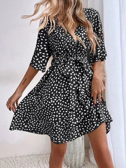 Women's Dresses V-Neck Print Belted Short Sleeve Dress - Mini Dresses - Instastyled | Online Fashion Free Shipping Clothing, Dresses, Tops, Shoes - 07/05/2022 - 30-40 - color-black