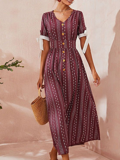 Women's Dresses V-Neck Print Button Short Sleeve Dress - Maxi Dresses - Instastyled | Online Fashion Free Shipping Clothing, Dresses, Tops, Shoes - 01/07/2022 - 40-50 - color-blue