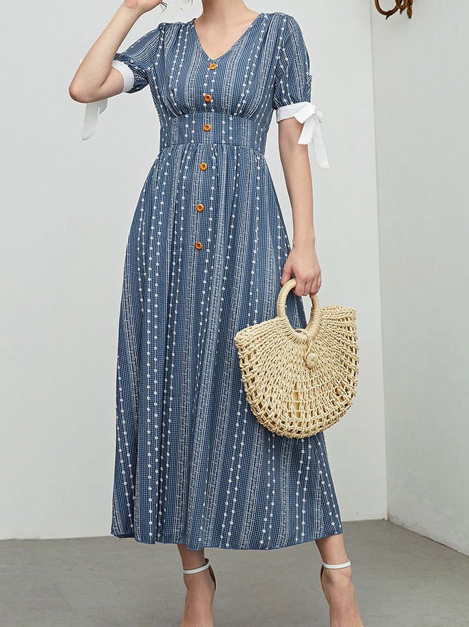 Women's Dresses V-Neck Print Button Short Sleeve Dress - Maxi Dresses - Instastyled | Online Fashion Free Shipping Clothing, Dresses, Tops, Shoes - 01/07/2022 - 40-50 - color-blue