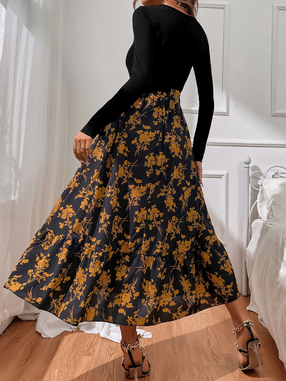 Women's Dresses V-Neck Print Panel Long Sleeve Dress - Maxi Dresses - Instastyled | Online Fashion Free Shipping Clothing, Dresses, Tops, Shoes - 08/08/2022 - Color_Black - DRE2208085064