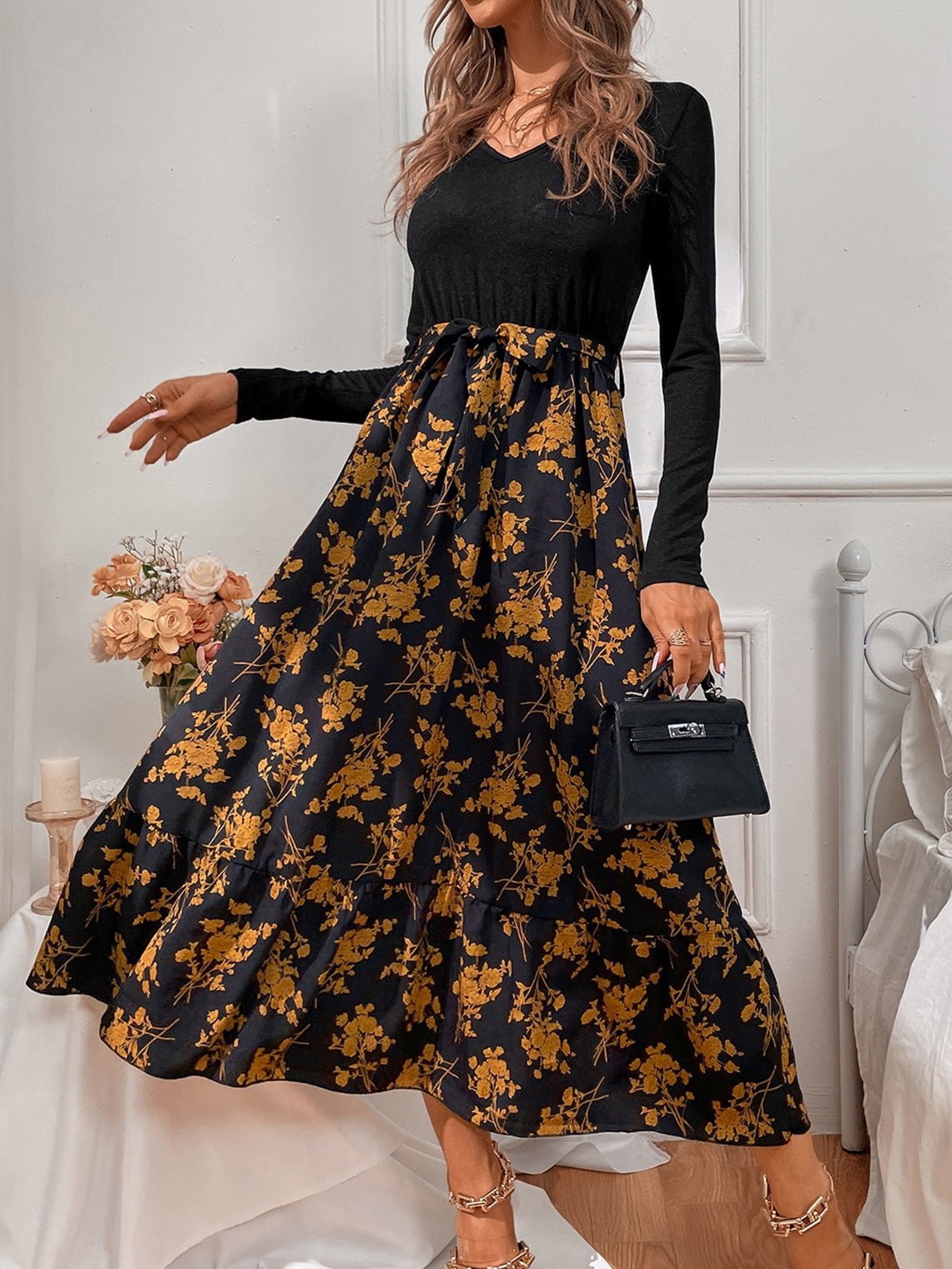 Women's Dresses V-Neck Print Panel Long Sleeve Dress - Maxi Dresses - Instastyled | Online Fashion Free Shipping Clothing, Dresses, Tops, Shoes - 08/08/2022 - Color_Black - DRE2208085064