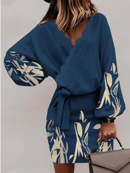 Women's Dresses V-Neck Printed Bat Long Sleeve Belted Dress - Mini Dresses - INS | Online Fashion Free Shipping Clothing, Dresses, Tops, Shoes - 04/11/2021 - 30-40 - color-blue