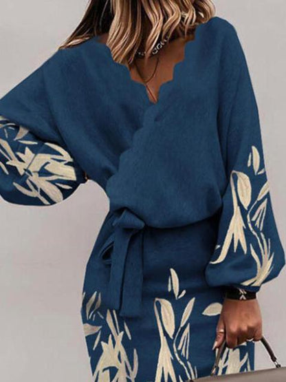 Women's Dresses V-Neck Printed Bat Long Sleeve Belted Dress - Mini Dresses - INS | Online Fashion Free Shipping Clothing, Dresses, Tops, Shoes - 04/11/2021 - 30-40 - color-blue