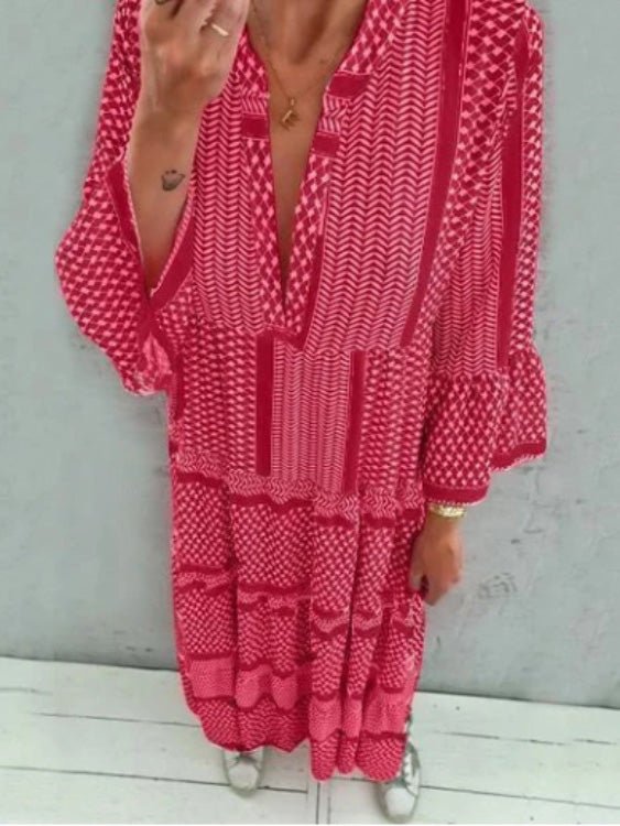 Women's Dresses V-Neck Printed Bell Sleeve Dress - Maxi Dresses - Instastyled | Online Fashion Free Shipping Clothing, Dresses, Tops, Shoes - 23/02/2022 - 30-40 - color-red