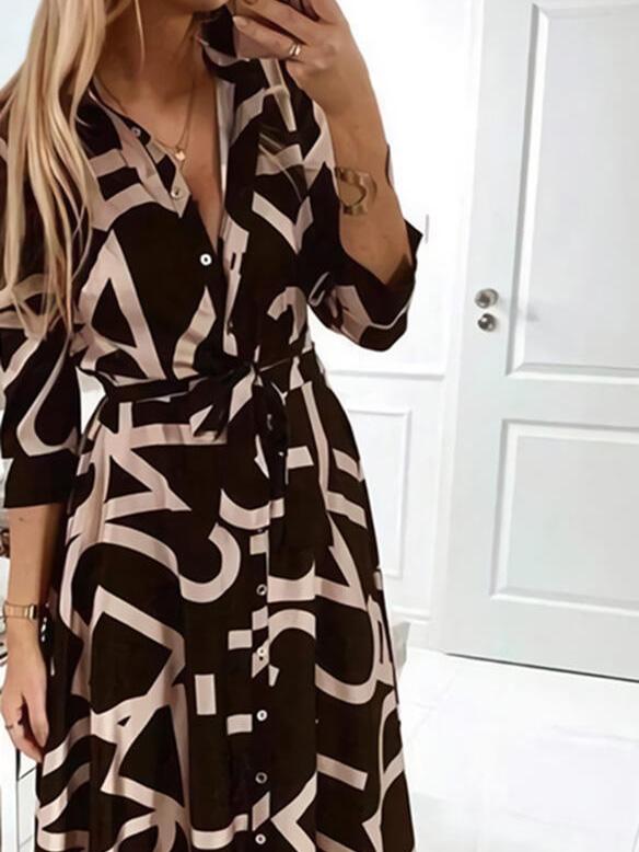 Women's Dresses V-Neck Printed Buttons Belted Long Sleeve Dress - Maxi Dresses - Instastyled | Online Fashion Free Shipping Clothing, Dresses, Tops, Shoes - 09/12/2021 - 20-30 - color-black