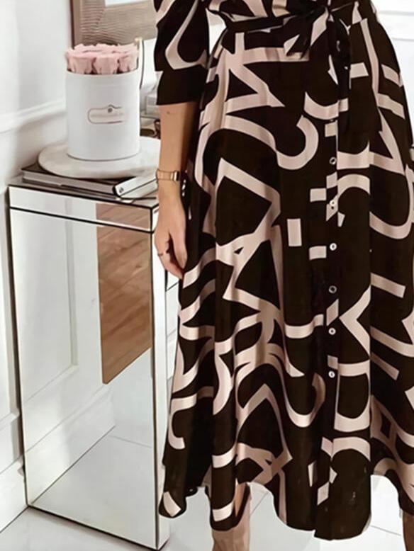 Women's Dresses V-Neck Printed Buttons Belted Long Sleeve Dress - Maxi Dresses - Instastyled | Online Fashion Free Shipping Clothing, Dresses, Tops, Shoes - 09/12/2021 - 20-30 - color-black