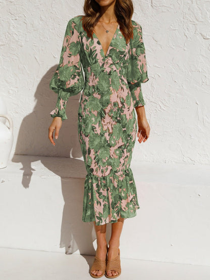 Women's Dresses V-Neck Printed Elastic Waist Long Sleeve Ruffle Dress - Maxi Dresses - Instastyled | Online Fashion Free Shipping Clothing, Dresses, Tops, Shoes - 15/06/2022 - Color_Black - Color_Green