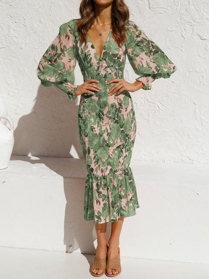 Women's Dresses V-Neck Printed Elastic Waist Long Sleeve Ruffle Dress - Maxi Dresses - Instastyled | Online Fashion Free Shipping Clothing, Dresses, Tops, Shoes - 15/06/2022 - Color_Black - Color_Green