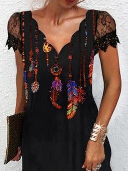 Women's Dresses V-Neck Printed Feather Lace Short Sleeve Dress - Mini Dresses - Instastyled | Online Fashion Free Shipping Clothing, Dresses, Tops, Shoes - 29/12/2021 - 30-40 - color-black