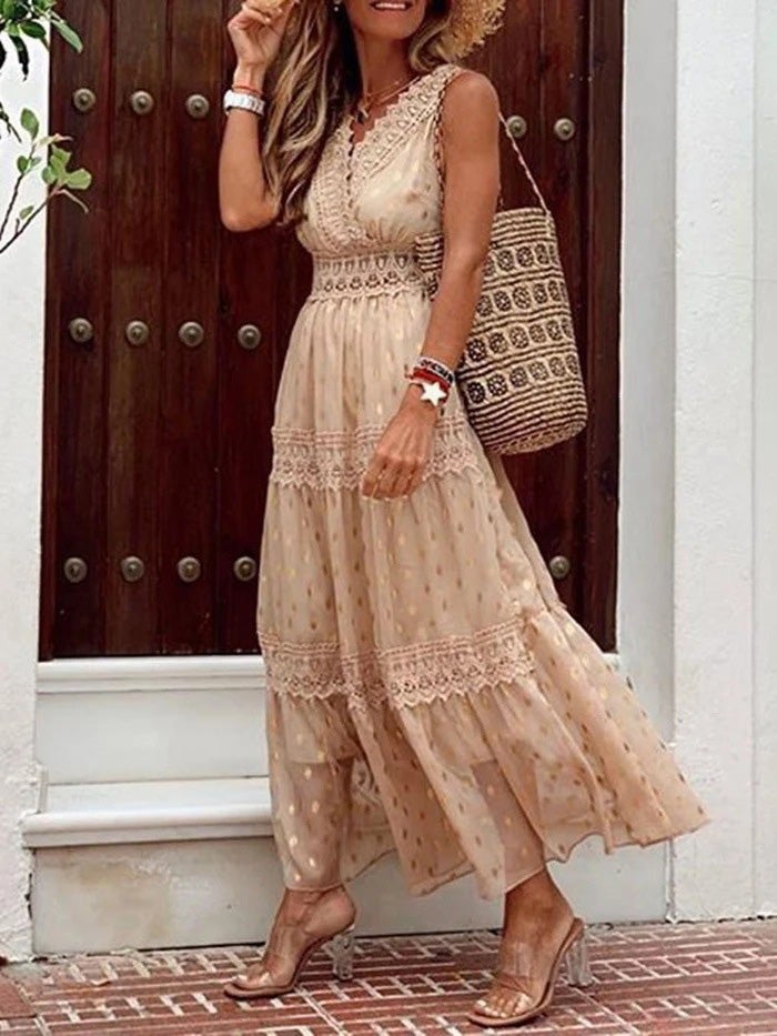 Women's Dresses V-Neck Printed Lace Sleeveless Dress - Maxi Dresses - Instastyled | Online Fashion Free Shipping Clothing, Dresses, Tops, Shoes - 30/12/2021 - color-apricot - color-blue