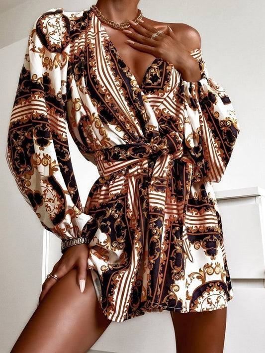 Women's Dresses V-Neck Printed Lantern Sleeve Long Sleeve Dress - Mini Dresses - INS | Online Fashion Free Shipping Clothing, Dresses, Tops, Shoes - 12/08/2021 - 20-30 - Category_Mini Dresses