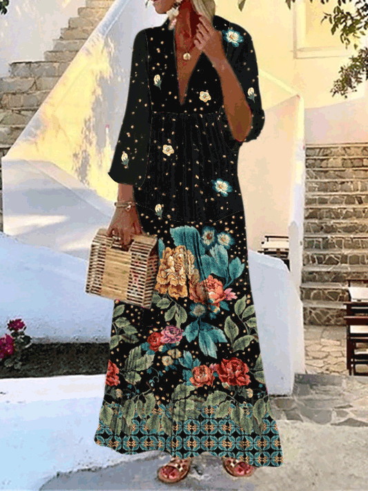 Women's Dresses V-Neck Printed Long Sleeve Dress - Maxi Dresses - Instastyled | Online Fashion Free Shipping Clothing, Dresses, Tops, Shoes - 11/04/2022 - 40-50 - color-black