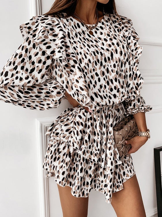 Women's Dresses V-Neck Printed Ruffled Belted Long Sleeve Dress - Mini Dresses - Instastyled | Online Fashion Free Shipping Clothing, Dresses, Tops, Shoes - 29/12/2021 - 30-40 - color-black