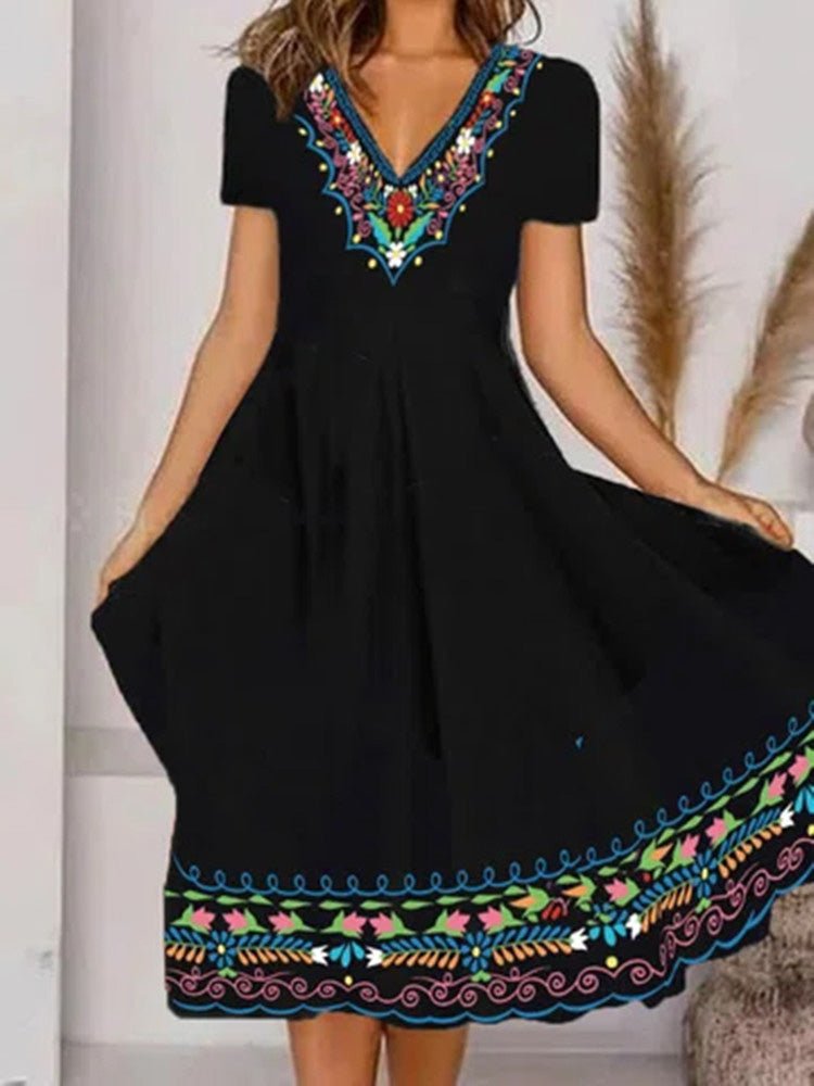 Women's Dresses V-Neck Printed Short Sleeve Dress - Midi Dresses - Instastyled | Online Fashion Free Shipping Clothing, Dresses, Tops, Shoes - 07/06/2022 - Casual Dresses - Color_Black