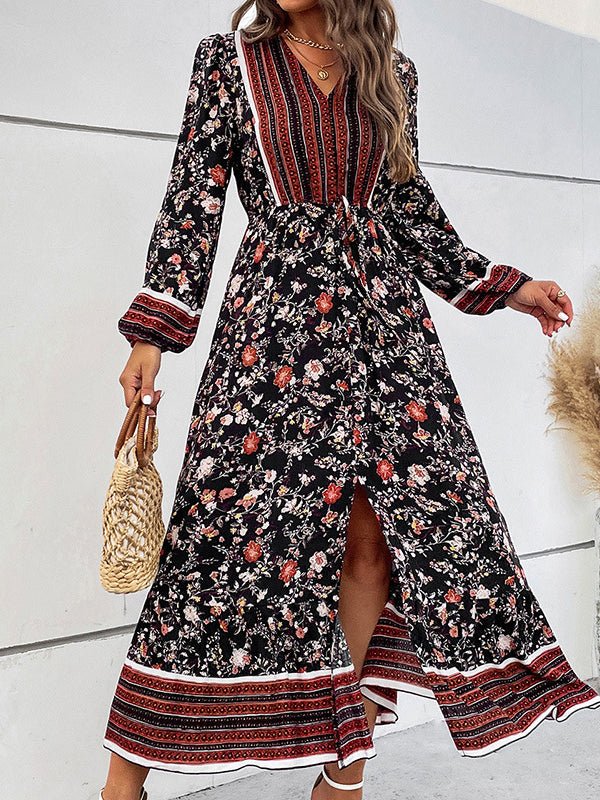 Women's Dresses V-Neck Puff Sleeves Slit Boho Midi Dress - Midi Dresses - Instastyled | Online Fashion Free Shipping Clothing, Dresses, Tops, Shoes - 11/11/2022 - Color_Black - DRE2211115616