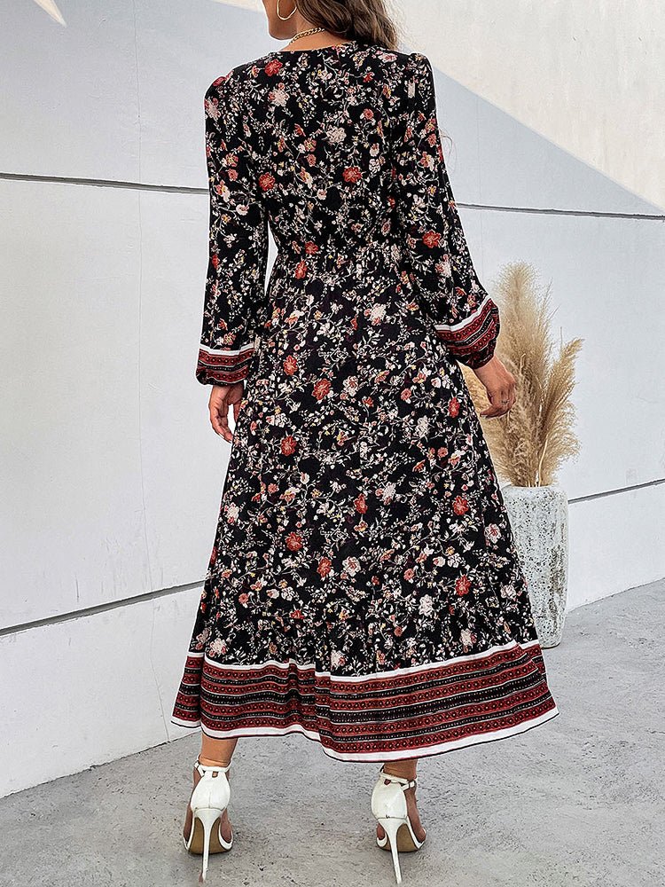 Women's Dresses V-Neck Puff Sleeves Slit Boho Midi Dress - Midi Dresses - Instastyled | Online Fashion Free Shipping Clothing, Dresses, Tops, Shoes - 11/11/2022 - Color_Black - DRE2211115616