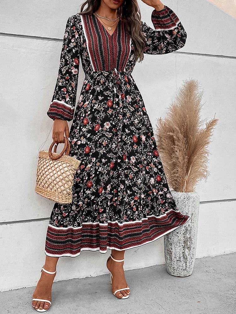 Women's Dresses V-Neck Puff Sleeves Slit Boho Midi Dress - Midi Dresses - Instastyled | Online Fashion Free Shipping Clothing, Dresses, Tops, Shoes - 11/11/2022 - Color_Black - DRE2211115616