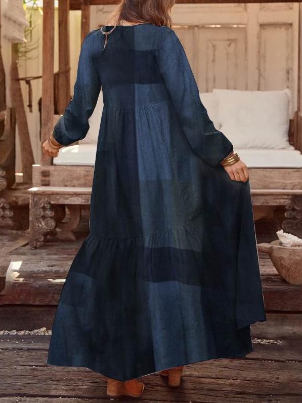 Women's Dresses V-Neck Retro Plaid Bubble Long Sleeve Dress - Maxi Dresses - INS | Online Fashion Free Shipping Clothing, Dresses, Tops, Shoes - 27/10/2021 - 30-40 - color-blue