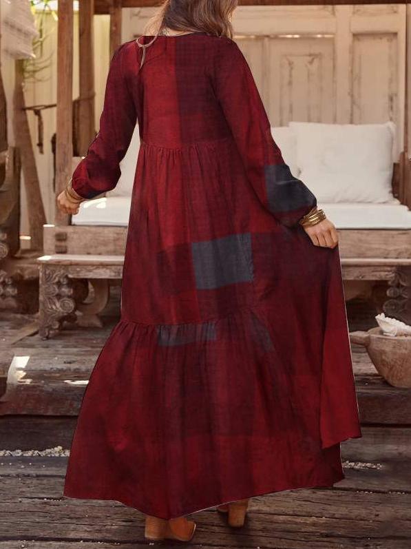 Women's Dresses V-Neck Retro Plaid Bubble Long Sleeve Dress - Maxi Dresses - INS | Online Fashion Free Shipping Clothing, Dresses, Tops, Shoes - 27/10/2021 - 30-40 - color-blue