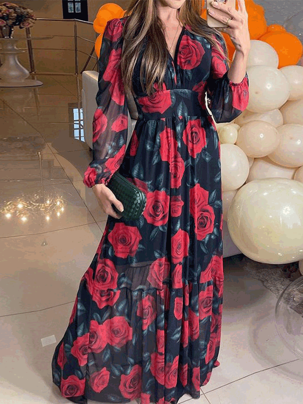 Women's Dresses V-Neck Rose Print Long Sleeve Chiffon Dress - Maxi Dresses - Instastyled | Online Fashion Free Shipping Clothing, Dresses, Tops, Shoes - 13/09/2022 - color-black - Color_Black