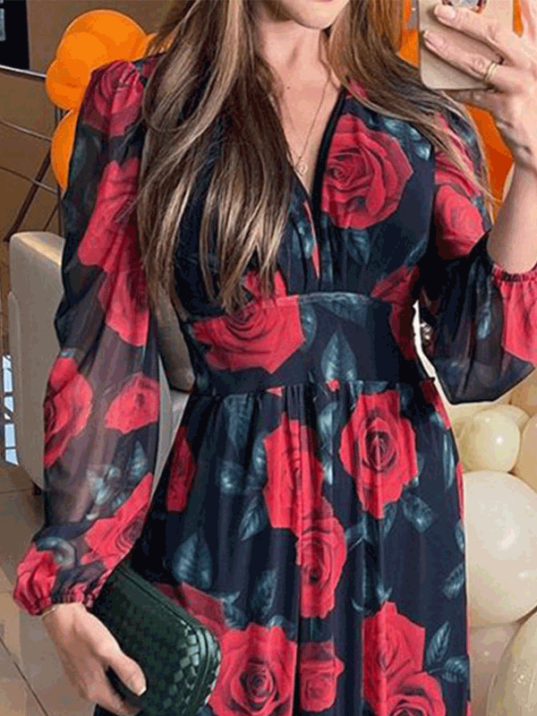 Women's Dresses V-Neck Rose Print Long Sleeve Chiffon Dress - Maxi Dresses - Instastyled | Online Fashion Free Shipping Clothing, Dresses, Tops, Shoes - 13/09/2022 - color-black - Color_Black