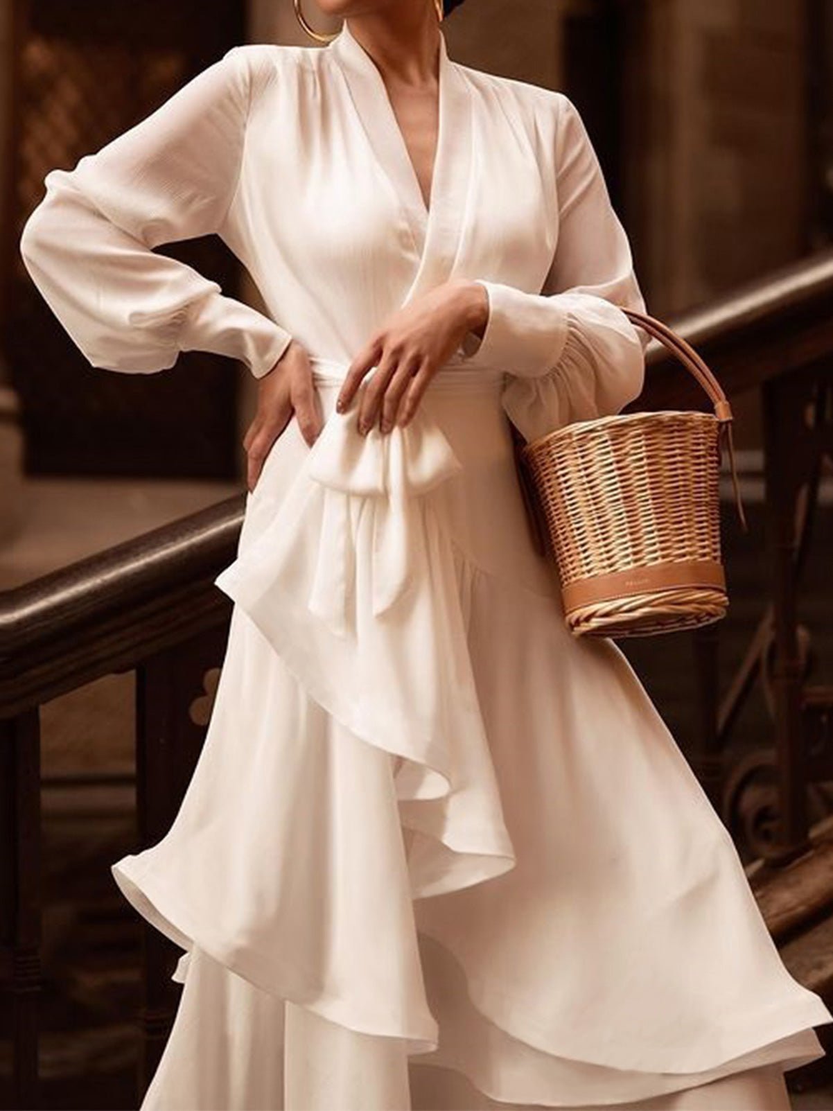 Women's Dresses V-Neck Ruffle Irregular Long Sleeve Dress - Maxi Dresses - Instastyled | Online Fashion Free Shipping Clothing, Dresses, Tops, Shoes - 04/03/2022 - color-white - Color_White