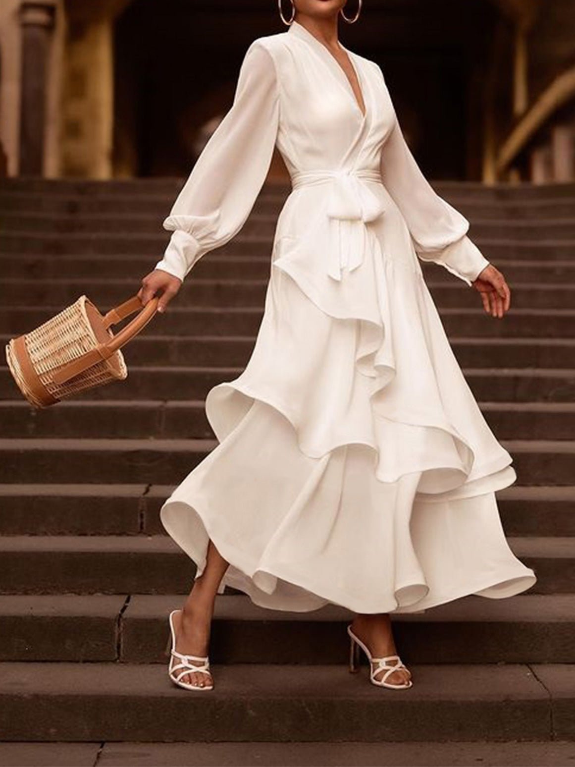 Women's Dresses V-Neck Ruffle Irregular Long Sleeve Dress - Maxi Dresses - Instastyled | Online Fashion Free Shipping Clothing, Dresses, Tops, Shoes - 04/03/2022 - color-white - Color_White