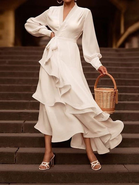 Women's Dresses V-Neck Ruffle Irregular Long Sleeve Dress - Maxi Dresses - Instastyled | Online Fashion Free Shipping Clothing, Dresses, Tops, Shoes - 04/03/2022 - color-white - Color_White