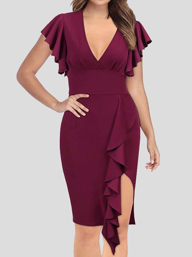 Women's Dresses V-Neck Ruffle Sleeve Slit Dress - Midi Dresses - Instastyled | Online Fashion Free Shipping Clothing, Dresses, Tops, Shoes - 08/03/2022 - 30-40 - Bodycon Dresses