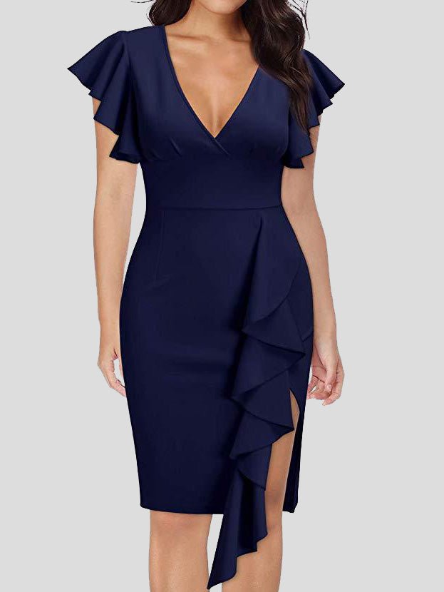 Women's Dresses V-Neck Ruffle Sleeve Slit Dress - Midi Dresses - Instastyled | Online Fashion Free Shipping Clothing, Dresses, Tops, Shoes - 08/03/2022 - 30-40 - Bodycon Dresses