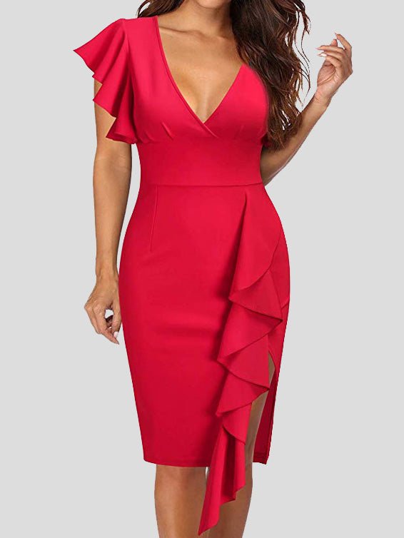 Women's Dresses V-Neck Ruffle Sleeve Slit Dress - Midi Dresses - Instastyled | Online Fashion Free Shipping Clothing, Dresses, Tops, Shoes - 08/03/2022 - 30-40 - Bodycon Dresses