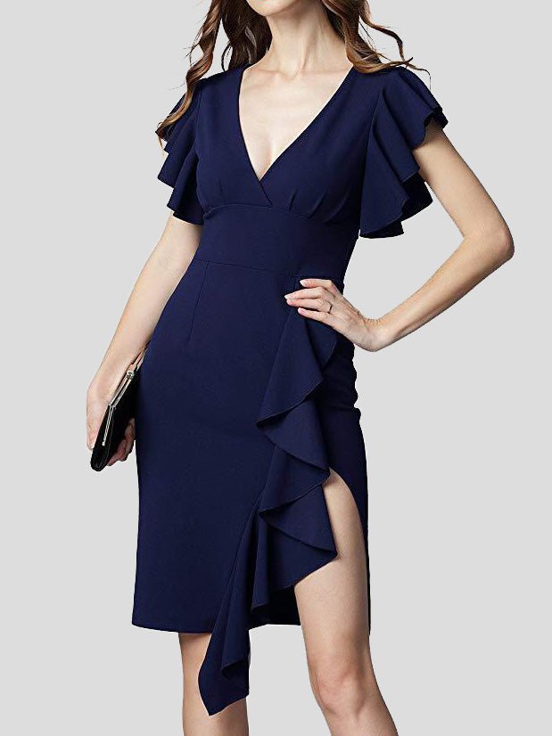 Women's Dresses V-Neck Ruffle Sleeve Slit Dress - Midi Dresses - Instastyled | Online Fashion Free Shipping Clothing, Dresses, Tops, Shoes - 08/03/2022 - 30-40 - Bodycon Dresses