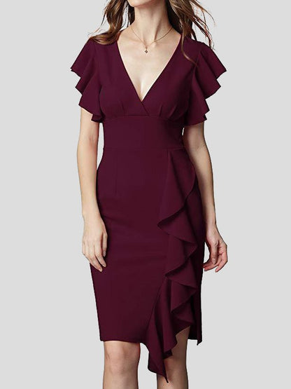 Women's Dresses V-Neck Ruffle Sleeve Slit Dress - Midi Dresses - Instastyled | Online Fashion Free Shipping Clothing, Dresses, Tops, Shoes - 08/03/2022 - 30-40 - Bodycon Dresses