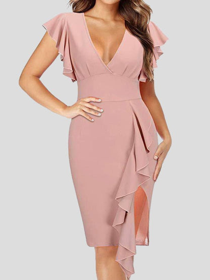 Women's Dresses V-Neck Ruffle Sleeve Slit Dress - Midi Dresses - Instastyled | Online Fashion Free Shipping Clothing, Dresses, Tops, Shoes - 08/03/2022 - 30-40 - Bodycon Dresses