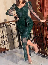 Women's Dresses V-Neck Sequin Split Belted Long Sleeve Dress - Maxi Dresses - Instastyled | Online Fashion Free Shipping Clothing, Dresses, Tops, Shoes - 22/12/2021 - color-dark_green - Color_Green