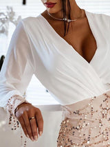 Women's Dresses V-Neck Sequined Fringe Long Sleeve Dress - Mini Dresses - Instastyled | Online Fashion Free Shipping Clothing, Dresses, Tops, Shoes - 22/12/2021 - 40-50 - color-white