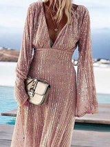 Women's Dresses V-Neck Sequined Long Sleeve Dress - Maxi Dresses - Instastyled | Online Fashion Free Shipping Clothing, Dresses, Tops, Shoes - 15/01/2022 - color-pink - Color_Pink