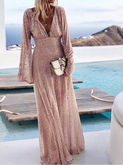 Women's Dresses V-Neck Sequined Long Sleeve Dress - Maxi Dresses - Instastyled | Online Fashion Free Shipping Clothing, Dresses, Tops, Shoes - 15/01/2022 - color-pink - Color_Pink