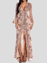 Women's Dresses V-Neck Sequined Long Sleeve Split Dress - Maxi Dresses - Instastyled | Online Fashion Free Shipping Clothing, Dresses, Tops, Shoes - 28/12/2021 - color-apricot - color-black