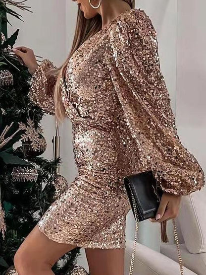 Women's Dresses V-Neck Sequined Puff Long Sleeve Dress - Mini Dresses - Instastyled | Online Fashion Free Shipping Clothing, Dresses, Tops, Shoes - 10/12/2021 - 30-40 - color-black