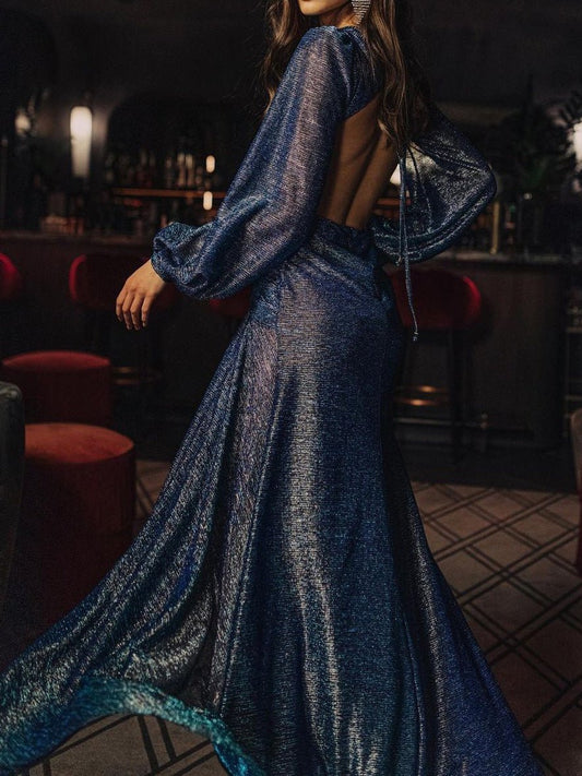 Women's Dresses V-Neck Shiny Hollow Long Sleeve Dress - Maxi Dresses - Instastyled | Online Fashion Free Shipping Clothing, Dresses, Tops, Shoes - 26/08/2022 - color-blue - color-green