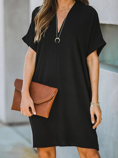 Women's Dresses V-Neck Short Sleeve Solid Loose Mini Dress - Mini Dresses - Instastyled | Online Fashion Free Shipping Clothing, Dresses, Tops, Shoes - 10-20 - 23/12/2022 - color-black