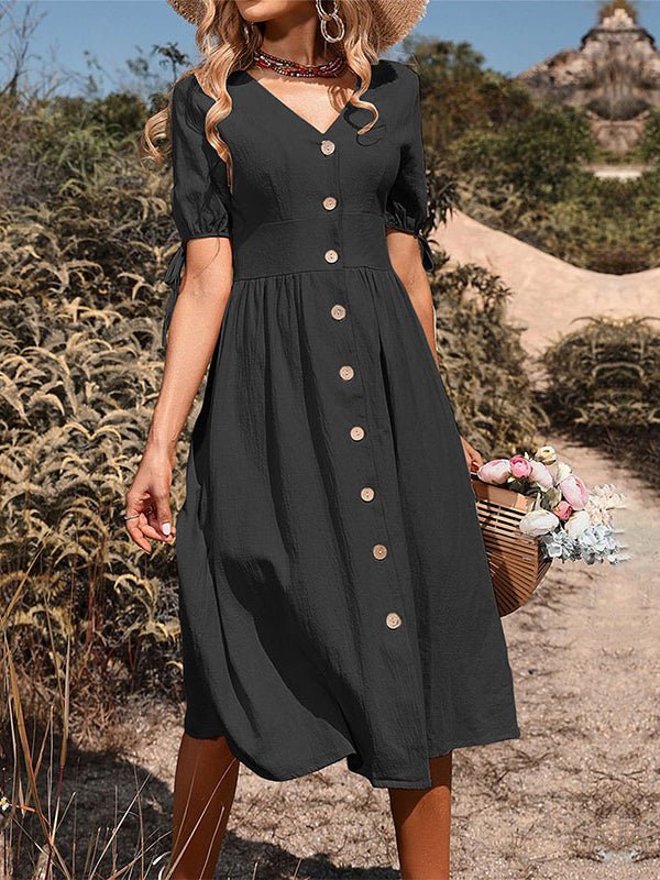 Women's Dresses V Neck Solid Cotton Linen Midi Dress - Midi Dresses - Instastyled | Online Fashion Free Shipping Clothing, Dresses, Tops, Shoes - 11/1/2023 - color-apricot - color-black