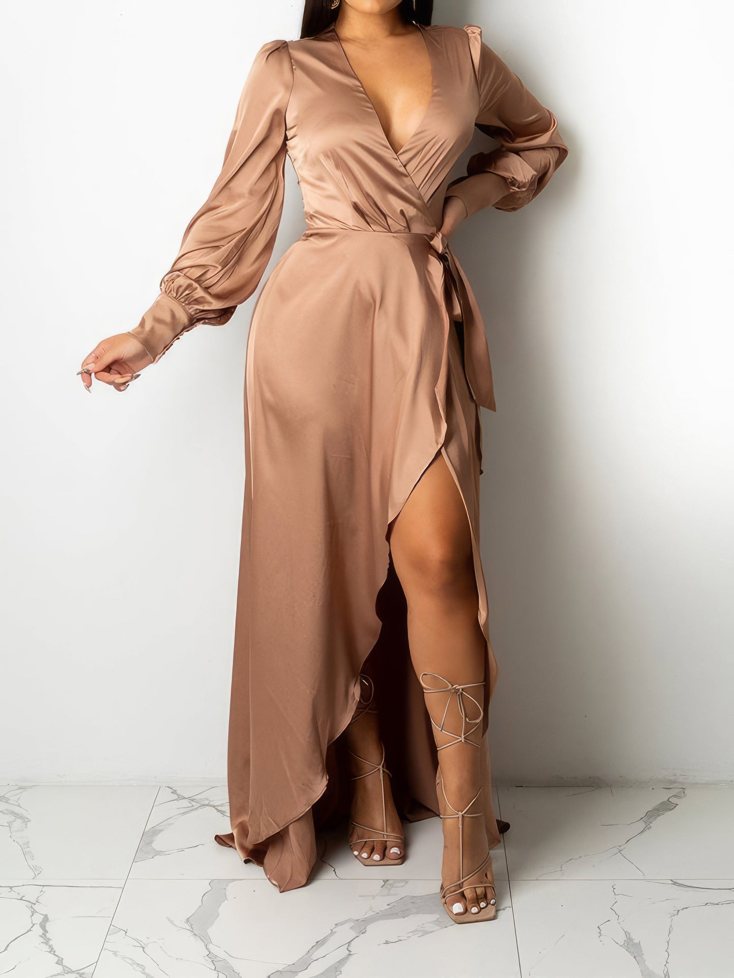 Maxi Dresses - V-Neck Solid Irregular Long Sleeve Dress - MsDressly