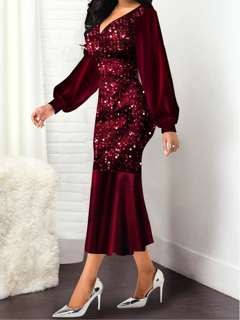 Women's Dresses V-Neck Spliced Shiny Long Sleeve Mermaid Dress - Maxi Dresses - Instastyled | Online Fashion Free Shipping Clothing, Dresses, Tops, Shoes - 28/12/2021 - color-black - color-blue