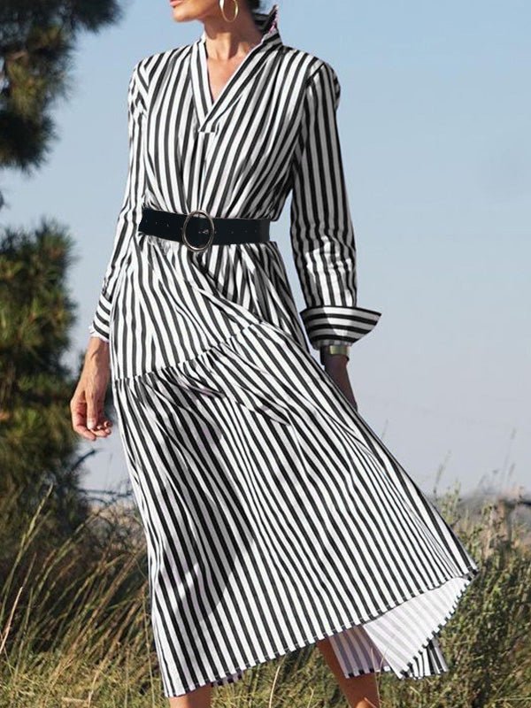 Women's Dresses V-Neck Striped Long Sleeve Dress - Maxi Dresses - Instastyled | Online Fashion Free Shipping Clothing, Dresses, Tops, Shoes - 02/03/2022 - 40-50 - color-black