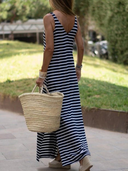 Women's Dresses V-Neck Striped Print Casual Maxi Dress - Maxi Dresses - Instastyled | Online Fashion Free Shipping Clothing, Dresses, Tops, Shoes - 18/08/2022 - Casual Dresses - Color_Black