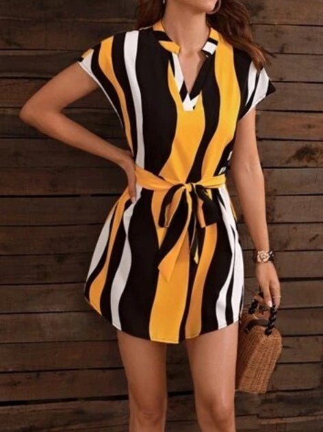 Women's Dresses V-Neck Striped Short Sleeve Belt Dress - Mini Dresses - Instastyled | Online Fashion Free Shipping Clothing, Dresses, Tops, Shoes - 08/02/2022 - 30-40 - color-red