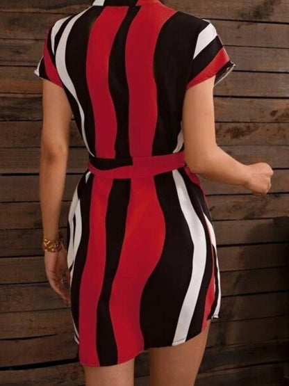 Women's Dresses V-Neck Striped Short Sleeve Belt Dress - Mini Dresses - Instastyled | Online Fashion Free Shipping Clothing, Dresses, Tops, Shoes - 08/02/2022 - 30-40 - color-red